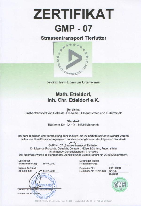  Zertifikat: GMP 07 - Strassentransport von Viehfutter