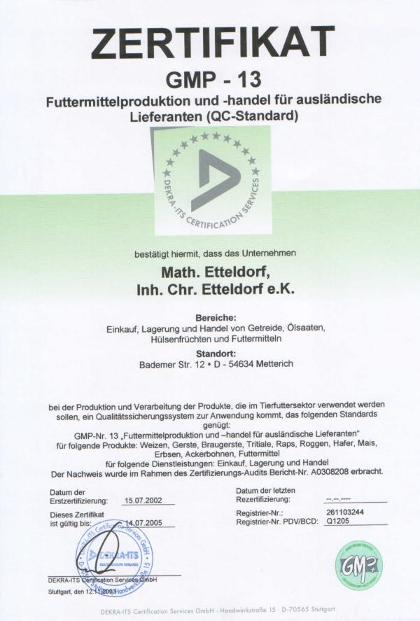  Zertifikat: GMP 13 Futtermittelproduktion